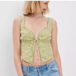 American Eagle Linen Green Tie-Front Sleeveless Crop Top